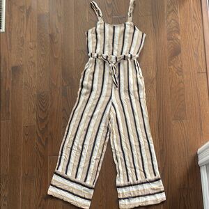 Cream and Navy Striped Jumpsuit with Cropped Wide Legs